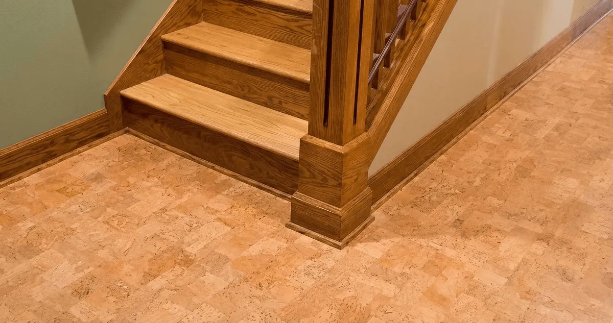 End of a staircase with cork flooring in Indianapolis, IN
