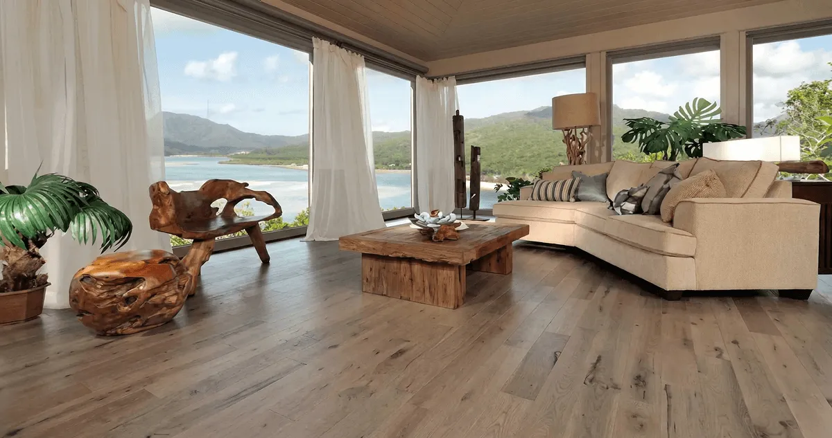 Professionally installed vinyl flooring in a modern living room with large windows in Indianapolis, IN